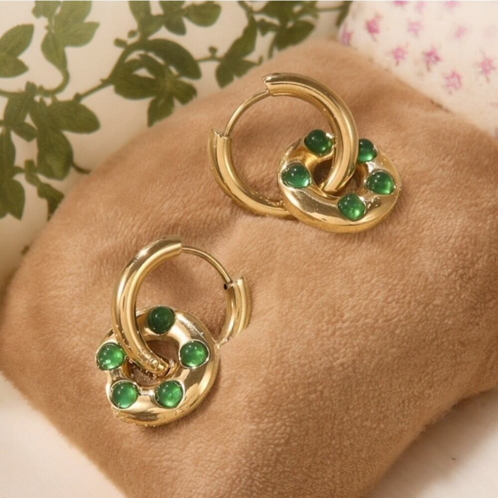 NEW 14K yellow gold stainless steel faux green agate drop earrings jewelry B20 - Picture 6 of 10